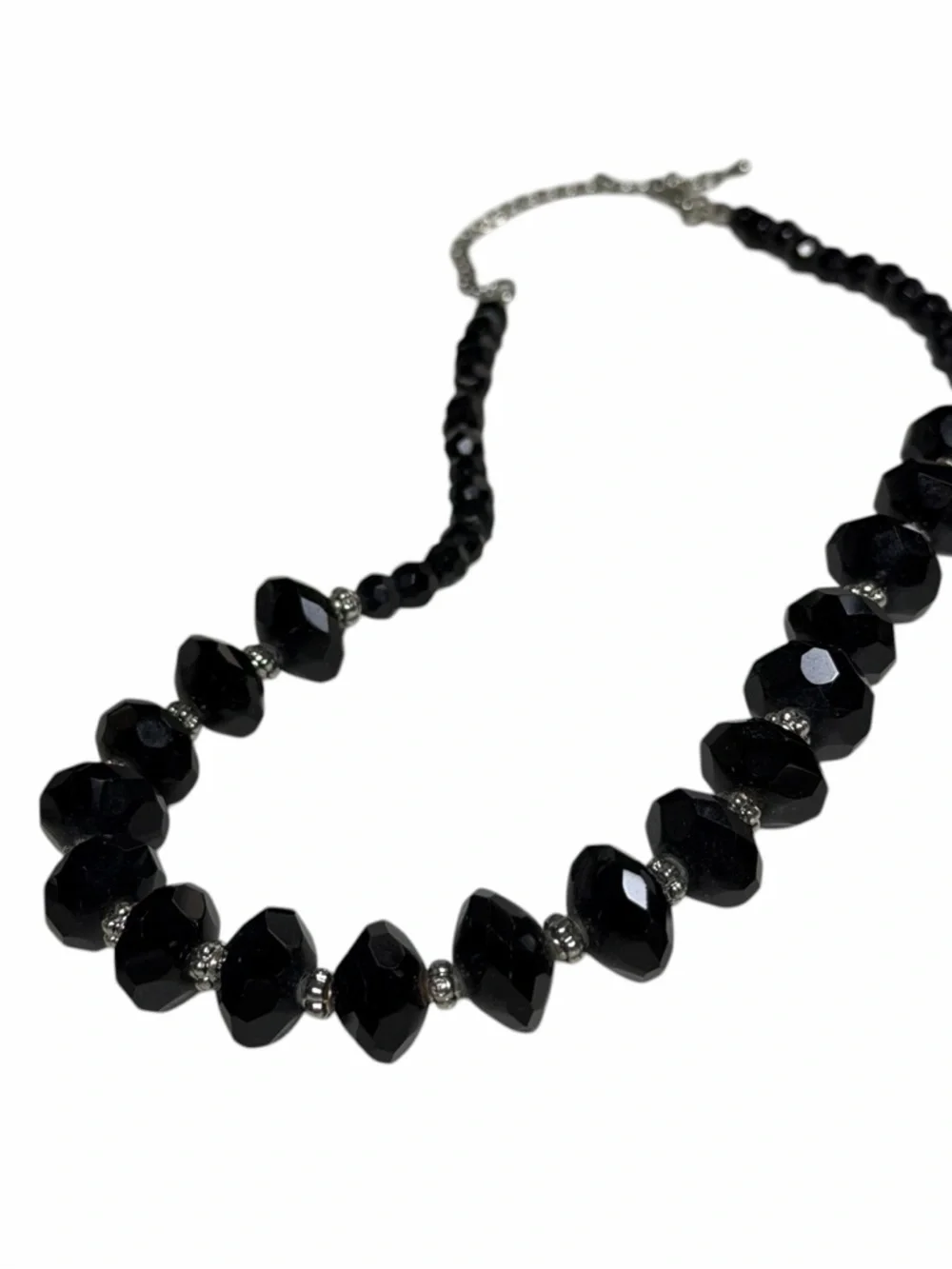 18” Black Faceted Glass Bead Necklace Silver Tone Graduated Elegant Statement